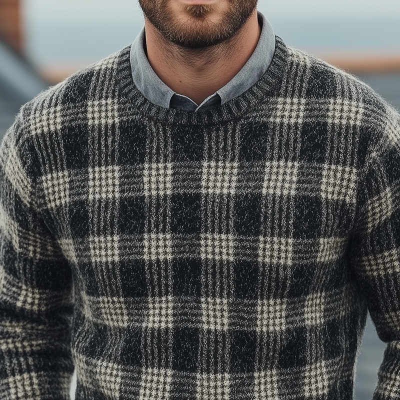 Men's Fashion Checked Round Neck Long Sleeve Knit Sweater 49087110Z