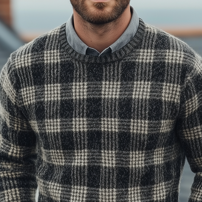 Men's Fashion Checked Round Neck Long Sleeve Knit Sweater 49087110Z