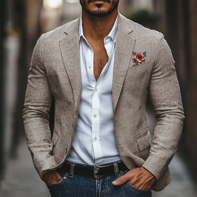 Classic Casual Rose Embroidery Single Breasted Linen Blazer