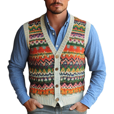 Men's Retro Geometric V-Neck Sleeveless Knit Vest 21243386Z