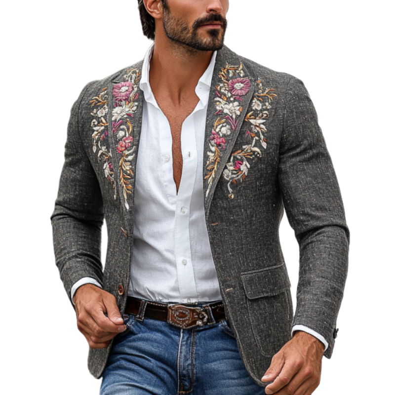 Vintage Classic Slim Fit Rose Embroidered Linen Blazer