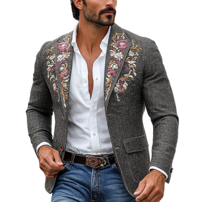 Vintage Classic Slim Fit Rose Embroidered Linen Blazer