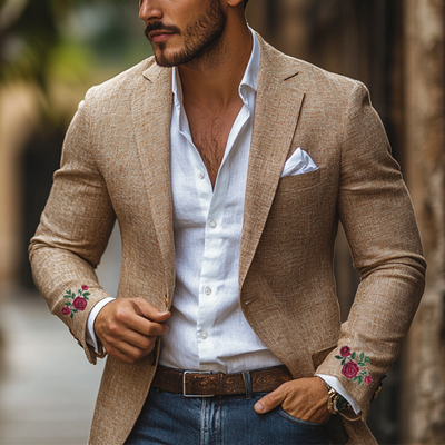 Casual Cuff Rose Embroidery Single-breasted Linen Blazer