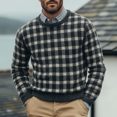 Men's Fashion Checked Round Neck Long Sleeve Knit Sweater 91362023Z
