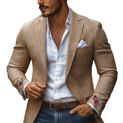 Casual Cuff Rose Embroidery Single-breasted Linen Blazer