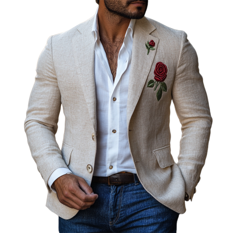 Casual Slim Fit Rose Embroidered Linen Blazer