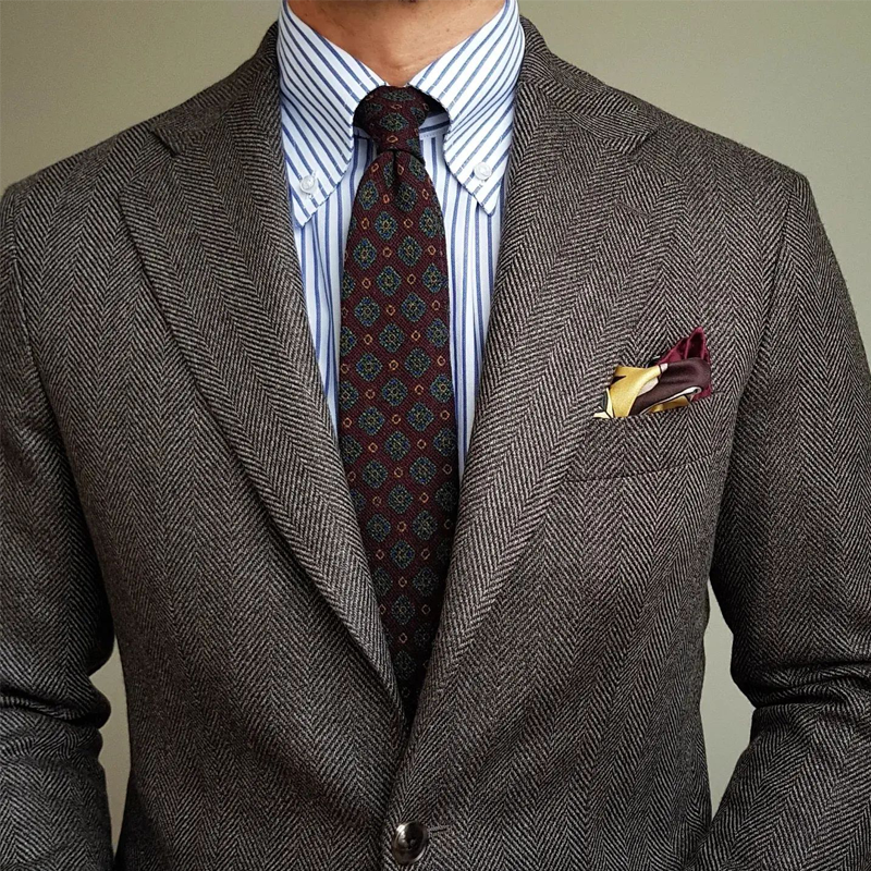 Vintage Herringbone Notch Lapel Two Buttons Slim Blazer