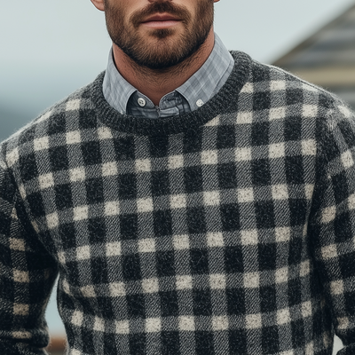 Men's Fashion Checked Round Neck Long Sleeve Knit Sweater 91362023Z