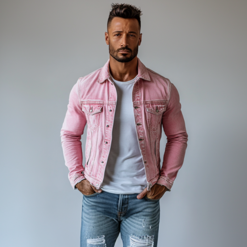 Men's Vintage Washed Denim Lapel Single Breasted Slim Fit Long Sleeve Jacket