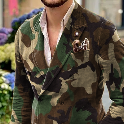 Camo Peak Lapel Double Breasted Casual Blazer