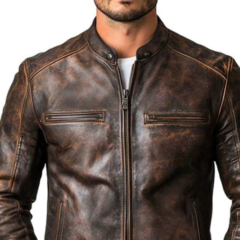 Men's Vintage Distressed Zipper Leather Jacket