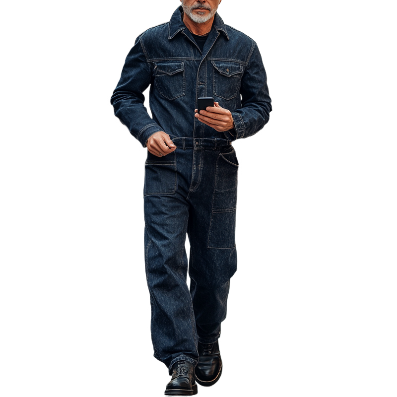 Men's Fashion Denim Long Sleeve Multi-pocket Cargo Jumpsuit 94892027Z