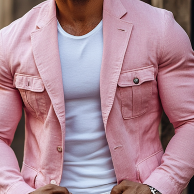 Men's Fashion Cotton and Linen Single Button Lapel Safari Jacket Blazer 06068311Y