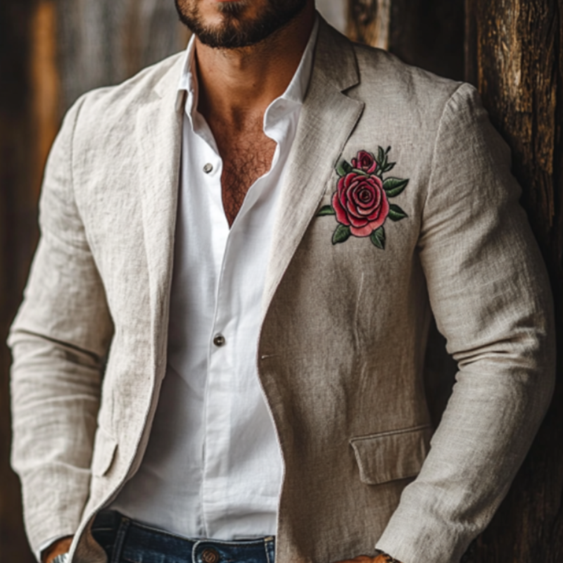 Casual Rose Embroidery Single Breasted Linen Blazer