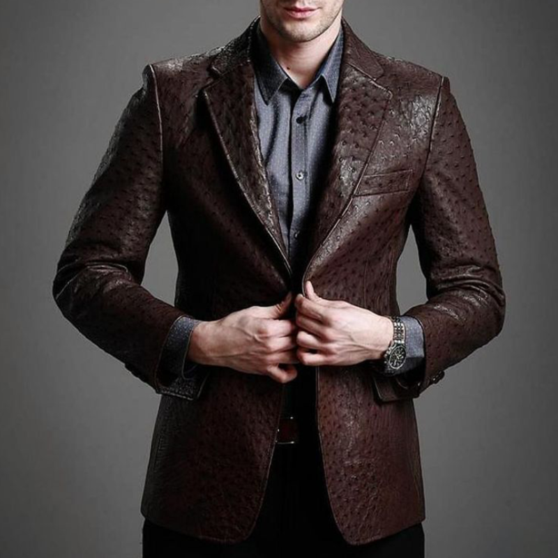 Classic Vintage Textured Leather Single Breasted Blazer