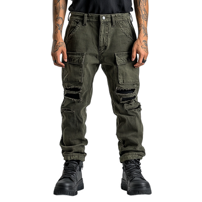 Men's Fashion Distressed Holes Patch Multi-pocket Cargo Pants 39964333Z
