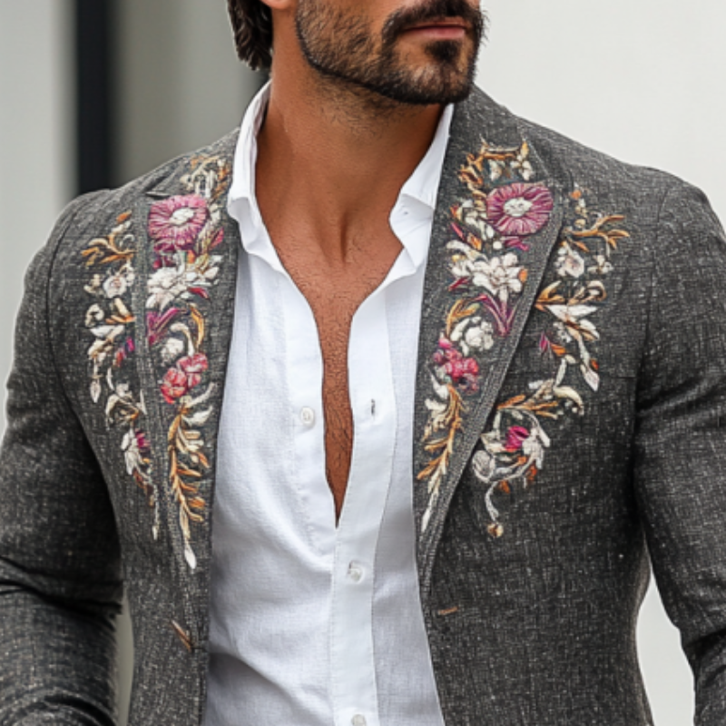 Vintage Classic Slim Fit Rose Embroidered Linen Blazer