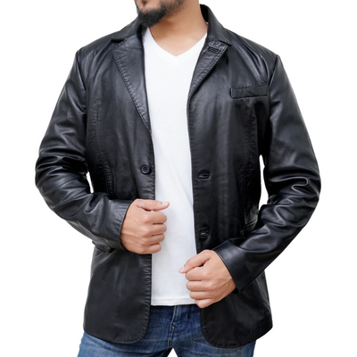 Classic Vintage Lapel Two Button Leather Blazer