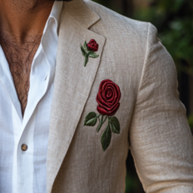Casual Slim Fit Rose Embroidered Linen Blazer