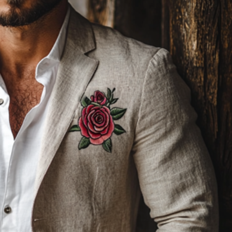 Casual Rose Embroidery Single Breasted Linen Blazer