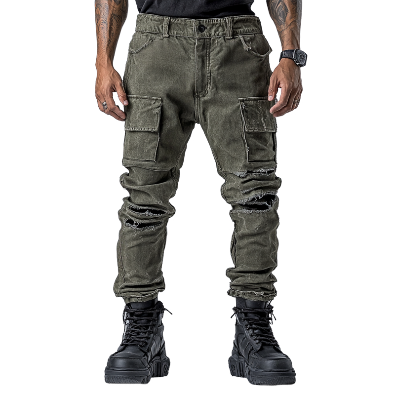 Men's Fashion Distressed Holes Patch Multi-pocket Cargo Pants 67017390Z