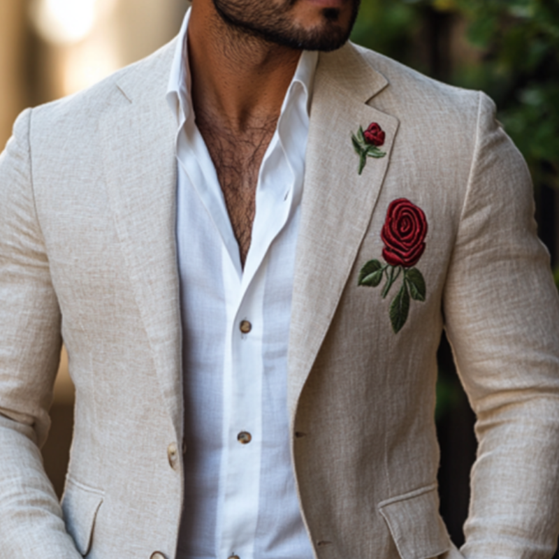 Casual Slim Fit Rose Embroidered Linen Blazer