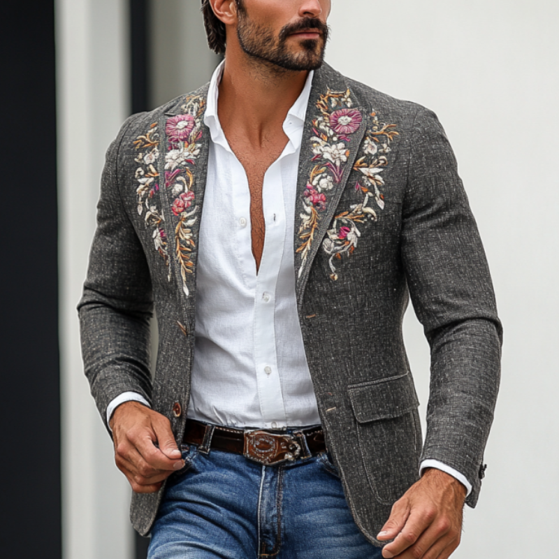 Vintage Classic Slim Fit Rose Embroidered Linen Blazer