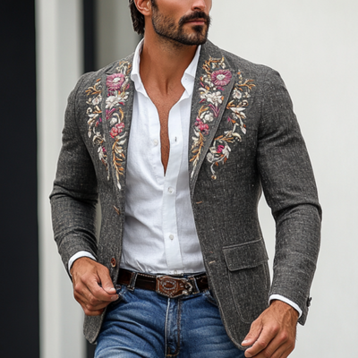 Vintage Classic Slim Fit Rose Embroidered Linen Blazer