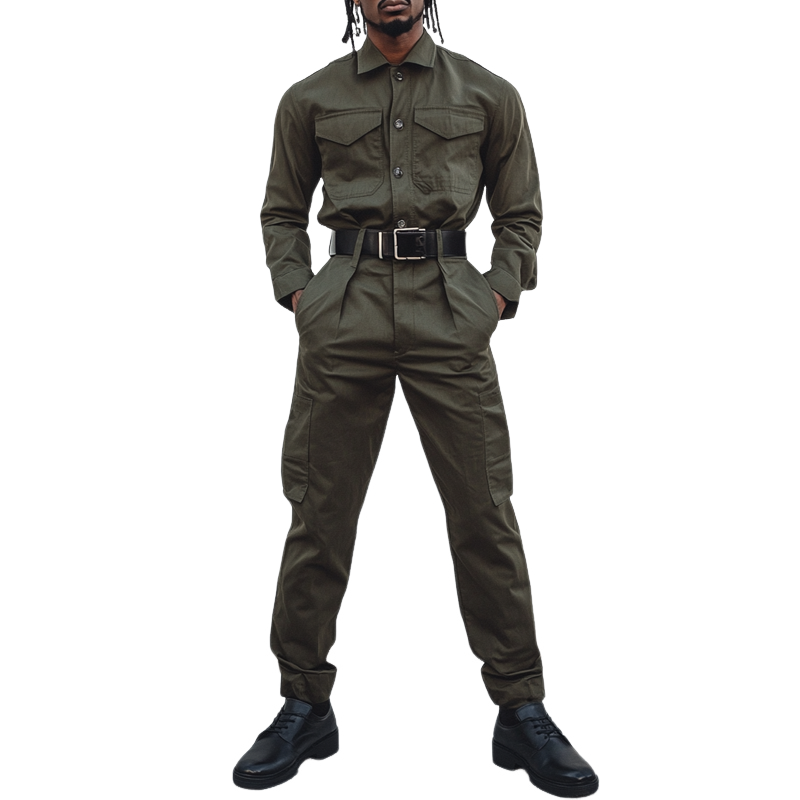 Men's Solid Color Lapel Long Sleeve Multi-pocket Cargo Jumpsuit 33009489Z