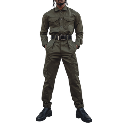Men's Solid Color Lapel Long Sleeve Multi-pocket Cargo Jumpsuit 33009489Z