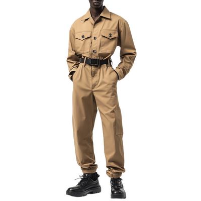 Men's Solid Color Lapel Long Sleeve Multi-pocket Cargo Jumpsuit 19486978Z