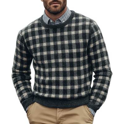 Men's Fashion Checked Round Neck Long Sleeve Knit Sweater 91362023Z