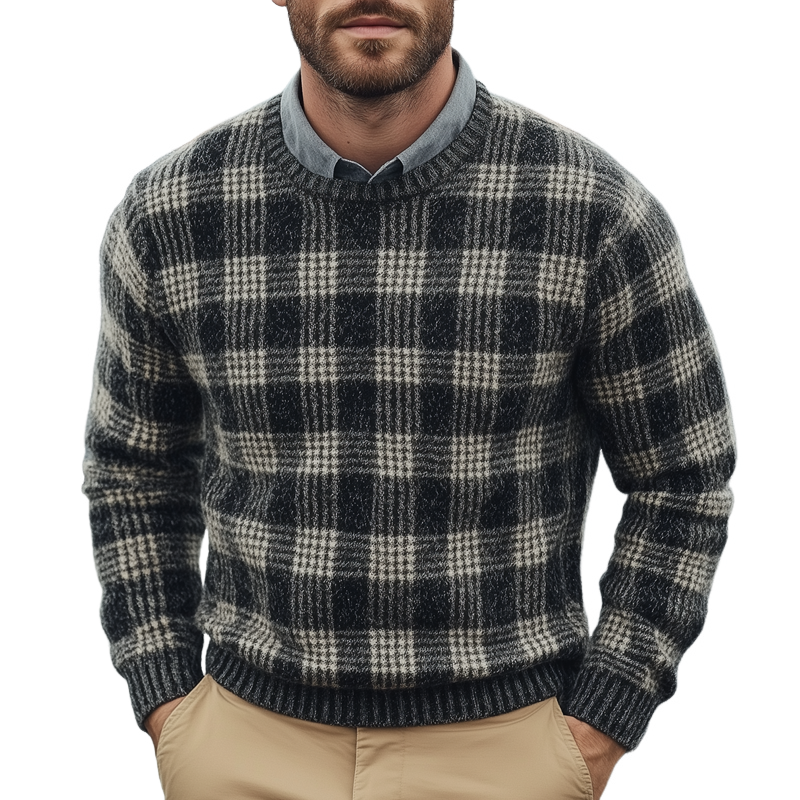 Men's Fashion Checked Round Neck Long Sleeve Knit Sweater 49087110Z