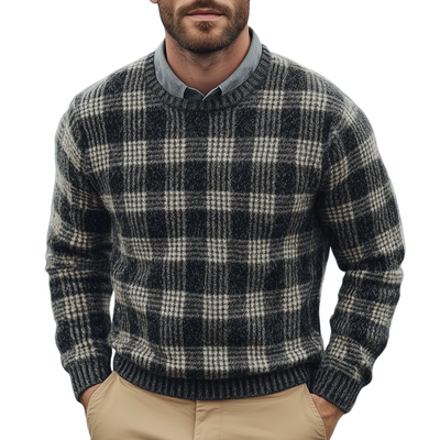 Men's Fashion Checked Round Neck Long Sleeve Knit Sweater 49087110Z