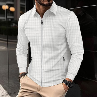 Men's Solid Waffle Lapel Long Sleeve Zipper Jacket