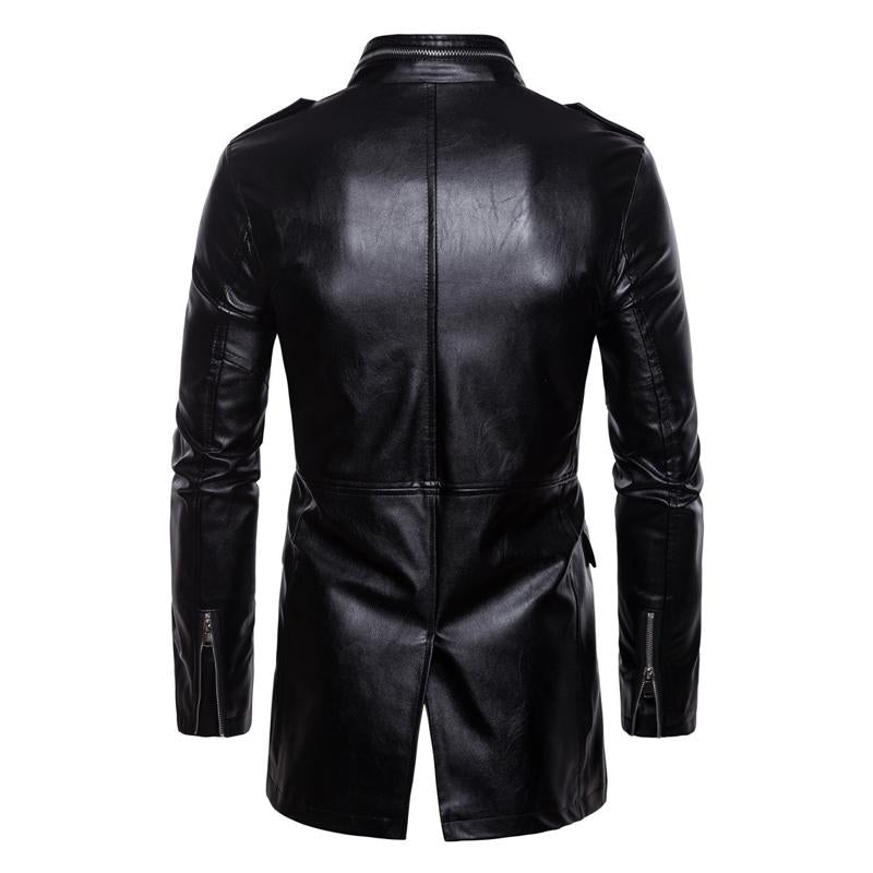 Men's Solid Color Stand Collar Leather Motor Jacket