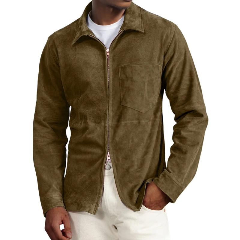 Men's Solid Suede Lapel Chest Pocket Jacket