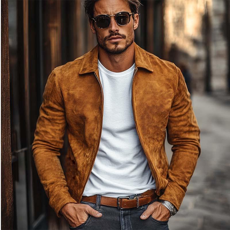 Men's Casual Solid Color Lapel Suede Jacket