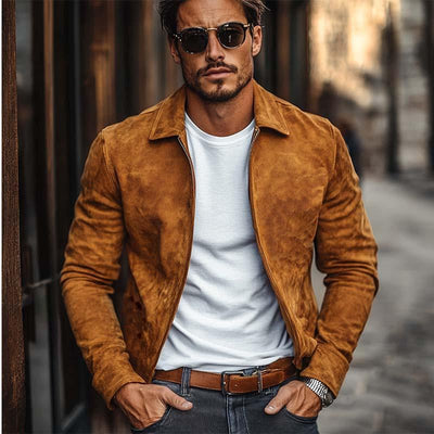 Men's Casual Solid Color Lapel Suede Jacket