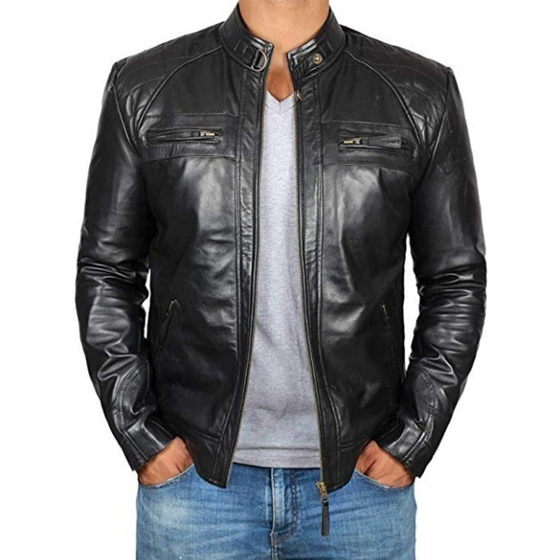 Men's Vintage Stand Collar Zipper Slim Fit Leather Biker Jacket