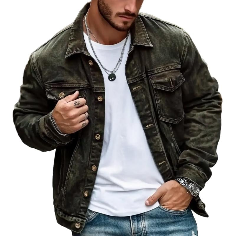 Men's Solid Vintage Lapel Button Denim Jacket