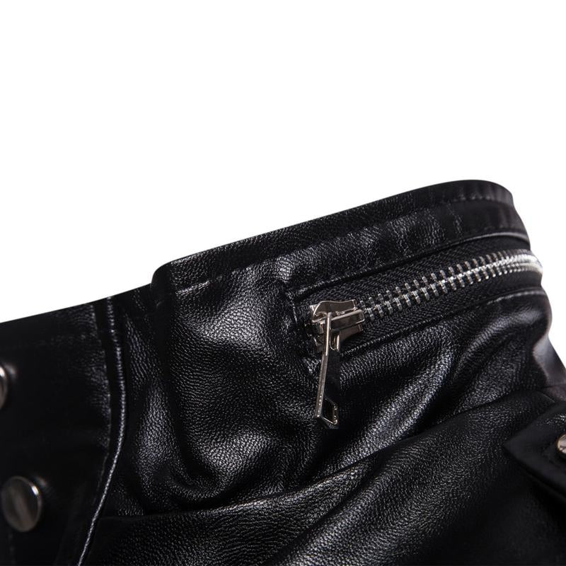 Men's Solid Color Stand Collar Leather Motor Jacket