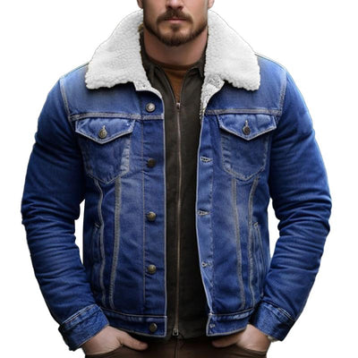 Men's Casual Teddy Fleece Insulated Long Sleeve Denim Jacket