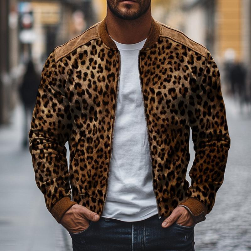 Men's Vintage Casual Leopard Print Zip-Up Bomber Jacket