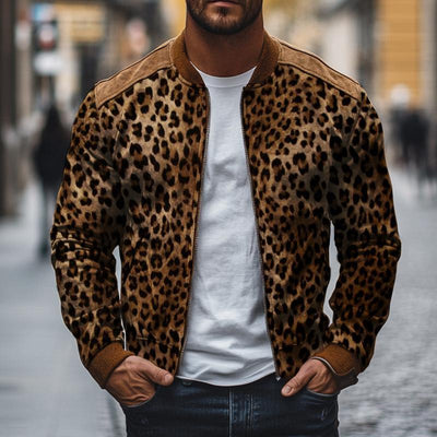 Men's Vintage Casual Leopard Print Zip-Up Bomber Jacket
