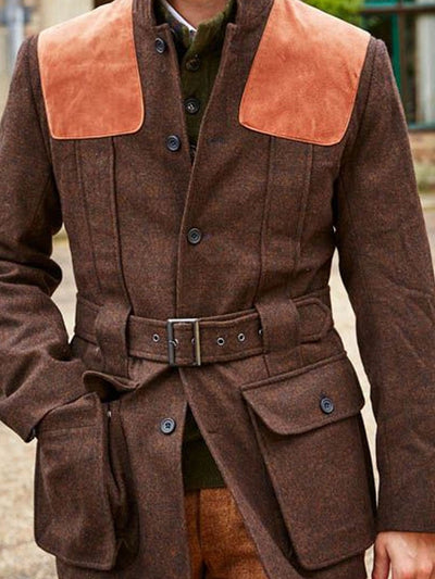 Suede Wool Patchwork Double Pocket Lace-Up Casual Jacket