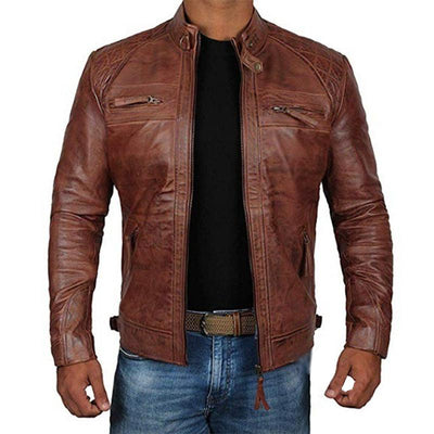Men's Vintage Stand Collar Zipper Slim Fit Leather Biker Jacket