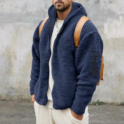 Men's Solid Color Double Fleece Warm Loose Hooded Jacket