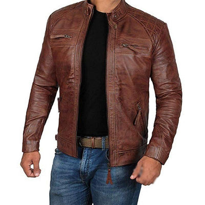 Men's Vintage Stand Collar Zipper Slim Fit Leather Biker Jacket