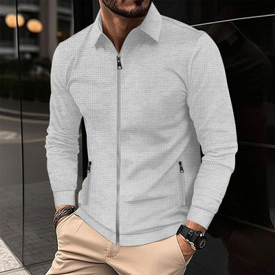 Men's Solid Waffle Lapel Long Sleeve Zipper Jacket